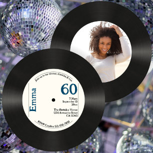 Retro 60th Birthday Photo Faux Vinyl Record Music Invitation