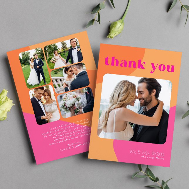 Retro 6 photos orange pink wedding thank you card (Creator Uploaded)