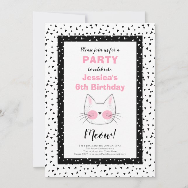 Retro 6th Birthday Party for a Girl Who Loves Cats Announcement (Front)