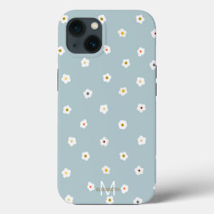 Retro 70’s White Daisy Flowers Boho Blue Design iPhone 13 Case