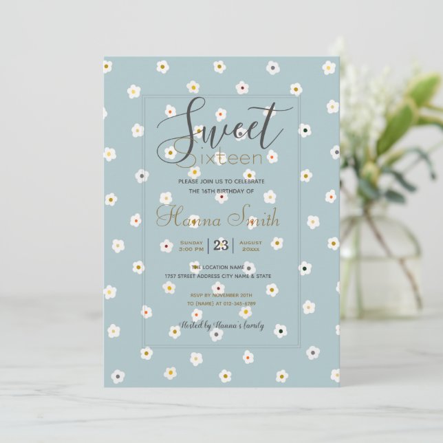 Retro 70’s White Daisy Flowers Boho Blue Design Invitation (Standing Front)