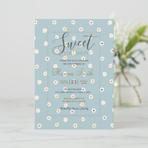 Retro 70’s White Daisy Flowers Boho Blue Design Invitation