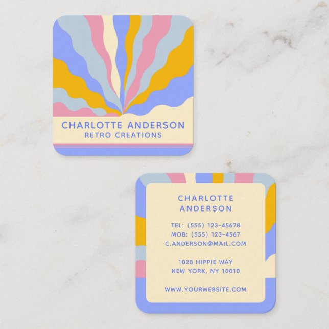 Retro 70s Abstract Rays Custom Name Square Business Card (Front/Back)
