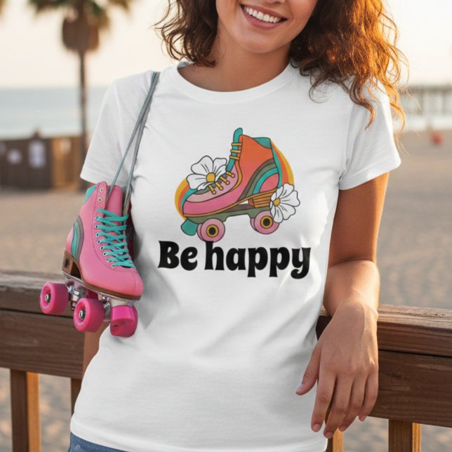 Retro 70s Be happy Floral skate T-Shirt (Creator Uploaded)