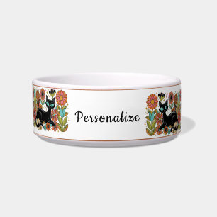 Retro 70s Black Cat Floral Personalized Design Bowl