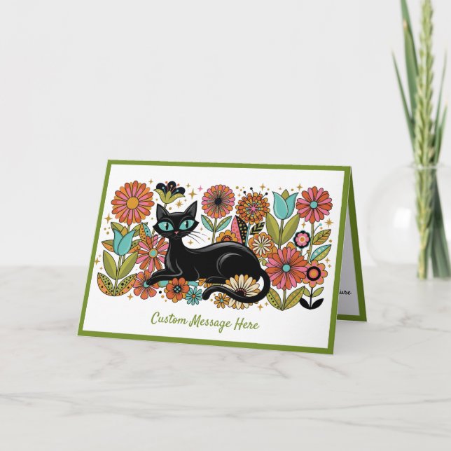 Retro 70s Black Cat Floral Personalized Design Card (Front)