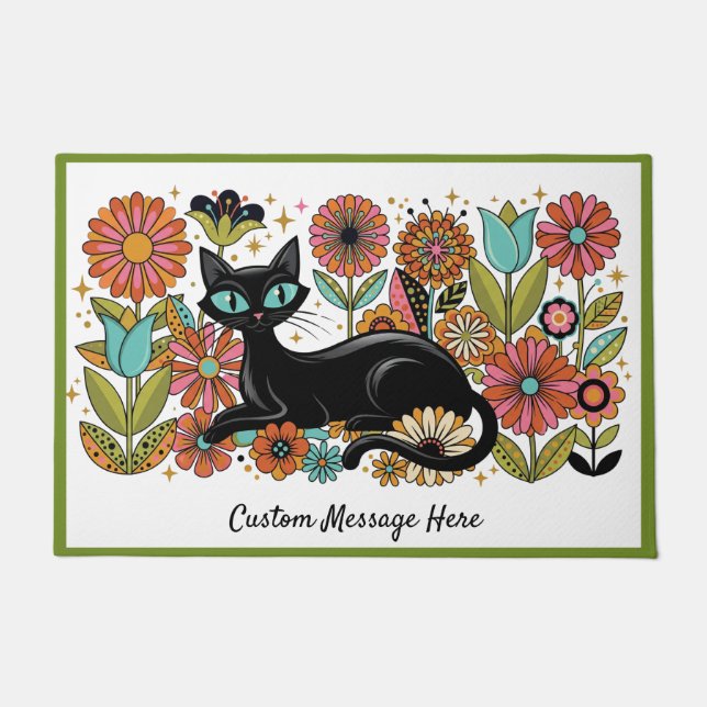 Retro 70s Black Cat Floral Personalized Design Doormat (Front)