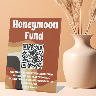 Retro 70s Bohemian Wedding QR Code Honeymoon Fund Pedestal Sign