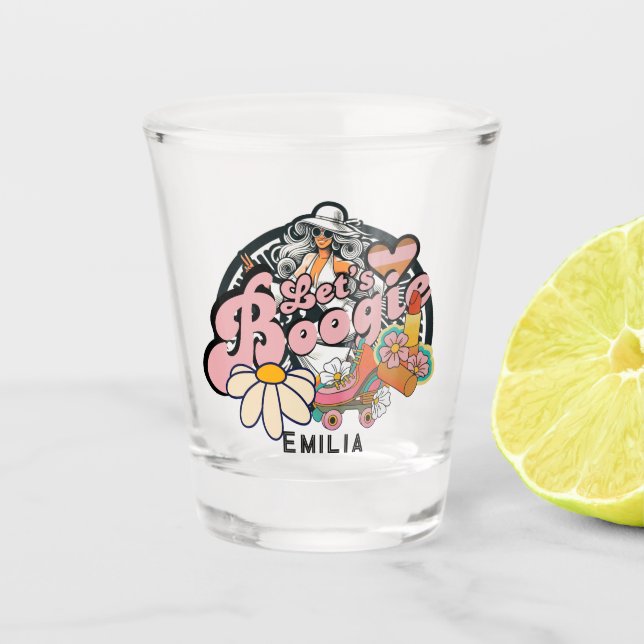 Retro 70s Boogie Disco Dancing Bridal Bachelorette Shot Glass (Front)