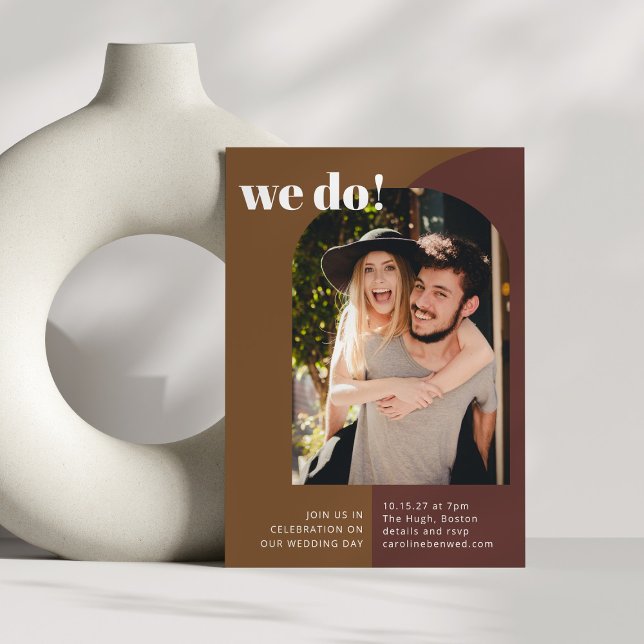 Retro 70s Brown Geometric Couple Photo Wedding Invitation (Creator Uploaded)