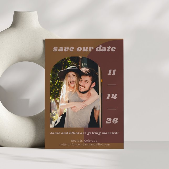 Retro 70s Brown Geometric Couple Two Photo Wedding Save The Date (Creator Uploaded)