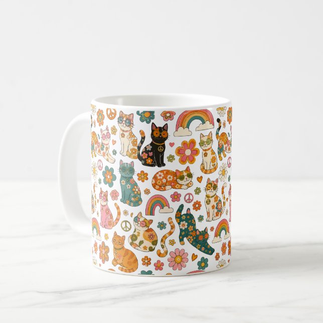 Retro 70s Cats Mug, Groovy Cat Coffee Mug, Mug (Front Left)
