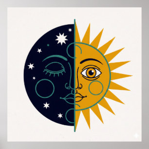 Retro 70s Celestial Sun Moon Split Face Art Print
