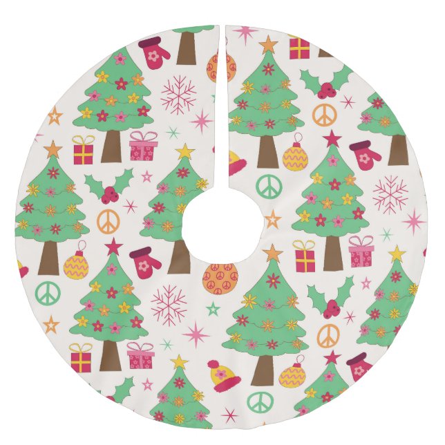 Retro 70s Christmas Trees With Peace Signs  Brushed Polyester Tree Skirt (Front)