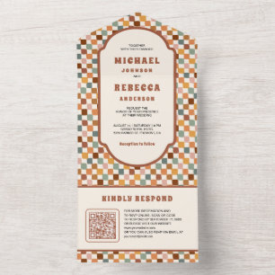 Retro 70's Colourful Chequerboard QR Code Wedding All In One Invitation