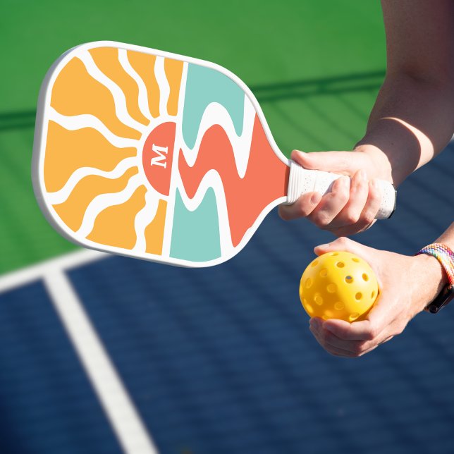 Retro 70s Colourful Ocean Sunrise Monogram Initial Pickleball Paddle (Creator Uploaded)
