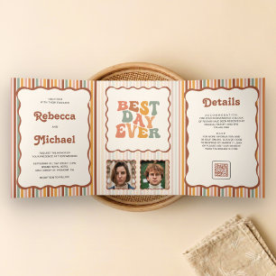 Retro 70's Colourful Stripes Photo QR Code Wedding Tri-Fold Invitation