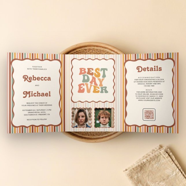 Retro 70's Colourful Stripes Photo QR Code Wedding Tri-Fold Invitation (Creator Uploaded)