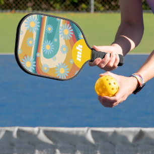 Retro 70s Daisy Flower Monogram  Pickleball Paddle