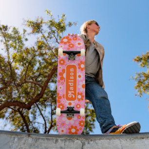Retro 70s Daisy Orange Pink Name Skateboard