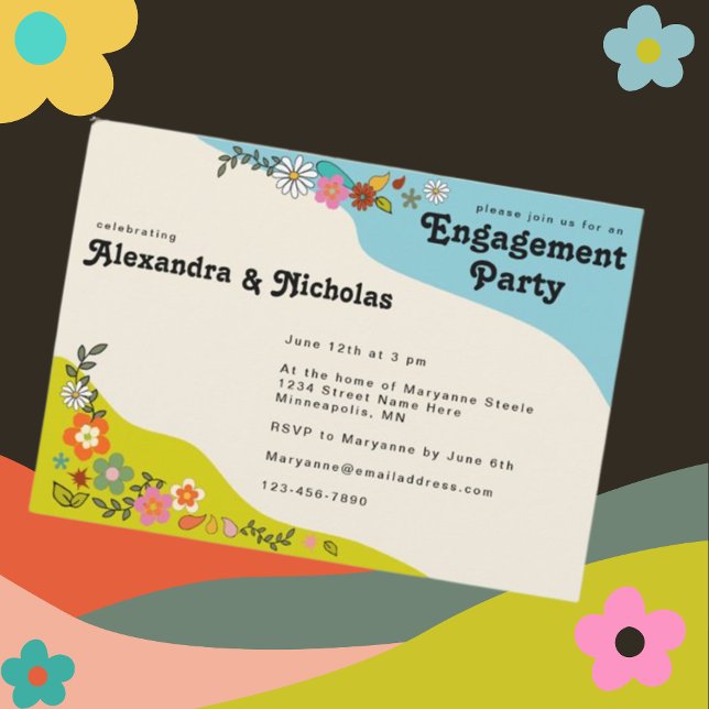 Retro 70's Decorative Floral Engagement Party Invitation (Creator Uploaded)