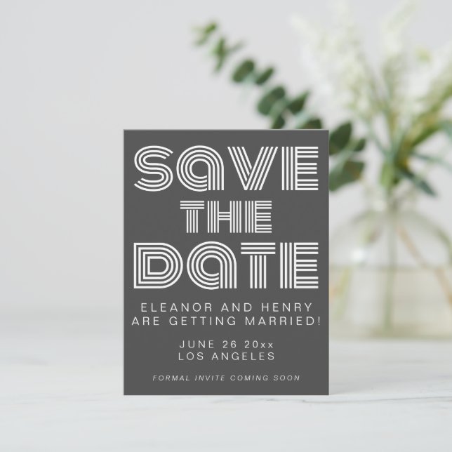 Retro 70s Disco Typography Black and White Wedding Save The Date (Standing Front)