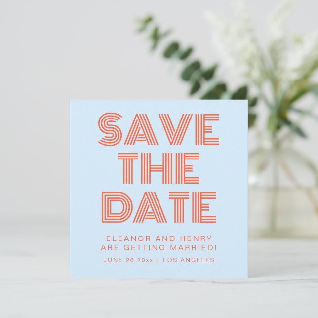 Retro 70s Disco Typography Cool Blue Orange Save The Date (Standing Front)