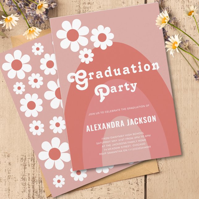 Retro 70s Floral Arch Graduate Party Budget (Retro 70s vintage floral arch graduation party budget invitation with simple orange daisy pattern)