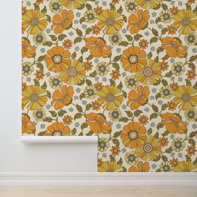 Retro 70s Floral Orange Gold Pattern Wallpaper (Application)
