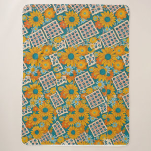 Retro 70s Floral Patchwork Pattern Sherpa Blanket