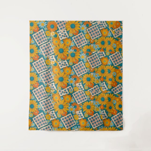 Retro 70s Floral Patchwork Pattern Tapestry (Front)