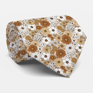 Retro 70s Floral Pattern Beige Terracotta Necktie
