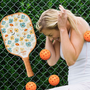 Retro 70s Floral Pattern Custom Text Name  Pickleball Paddle