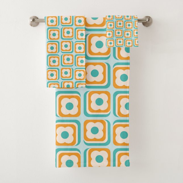 Retro 70s Floral Squares, Aqua, Orange, Teal Bath Towel Set (Insitu)
