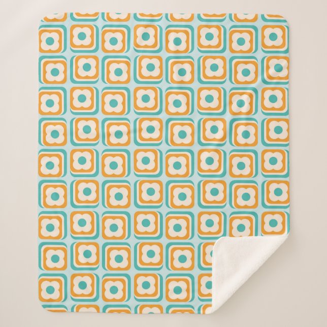 Retro 70s Floral Squares, Aqua, Orange, Teal Sherpa Blanket (Front)