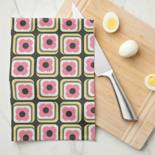 Retro 70s Floral Squares Pink, Yellow, Green Kitchen Towel