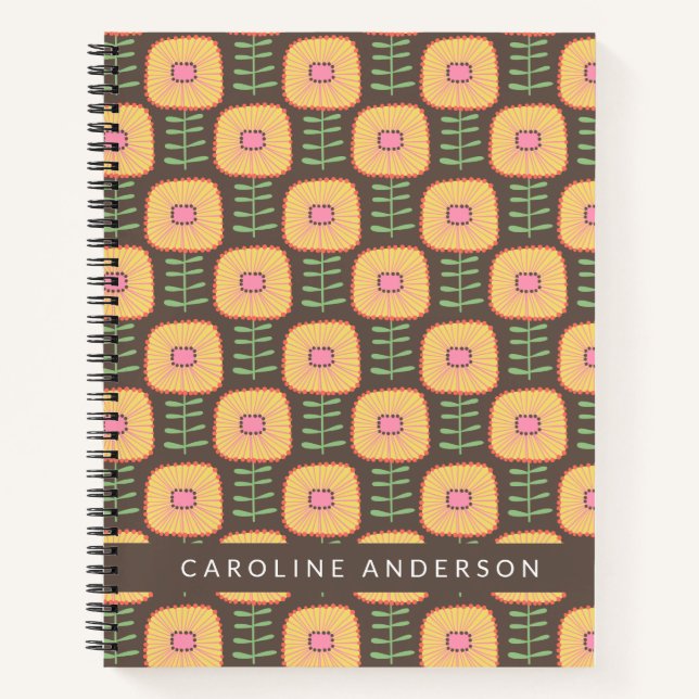 Retro 70s Flower Pattern in Brown Personalized Notebook (Front)
