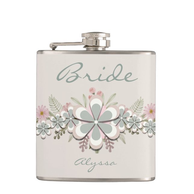 Retro 70's Flower Power Green-White Bride  Hip Flask (Front)