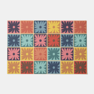 Retro 70s flower squares checkered pattern throw p doormat