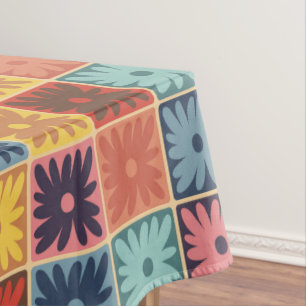 Retro 70s flower squares checkered pattern throw p tablecloth