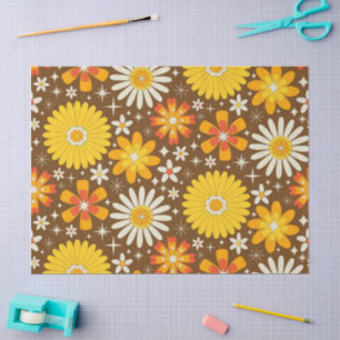 Retro 70s Flowers with Atomic Starbursts on Brown Tissue Paper