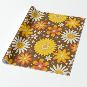 Retro 70s Flowers with Atomic Starbursts on Brown  Wrapping Paper