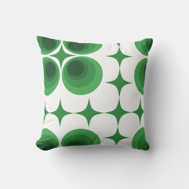Retro 70s Funky Geometric Green White Pattern Throw Pillow (Front)