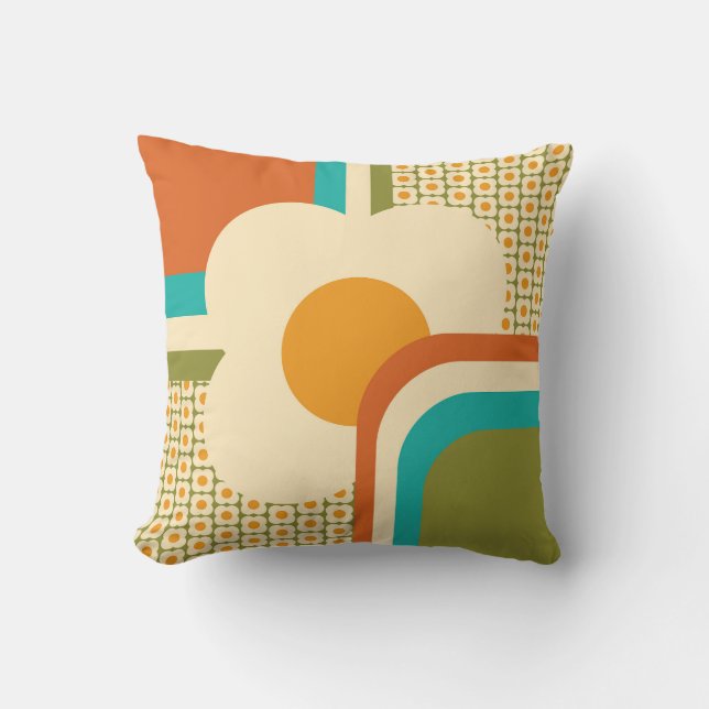 Retro 70s Geometric Floral Throw Pillow (Front)