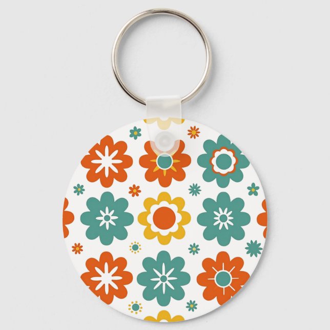 Retro 70s Geometric Flower Power Boho Keychain (Front)