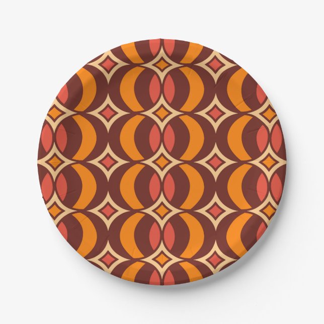 Retro 70s Geometric Globe Pattern Autumn Paper Plate (Front)