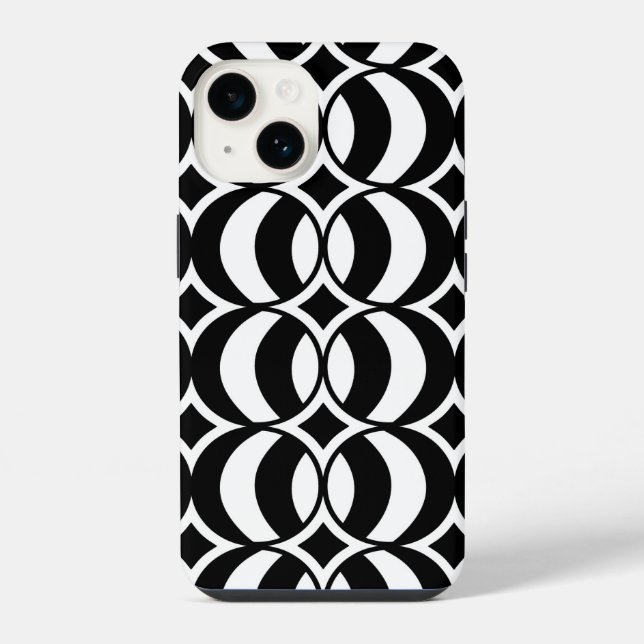 Retro 70s Geometric Globe Pattern Black & White iPhone Case (Back)