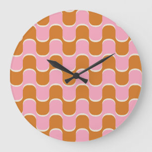Retro 70s: Gold-Pink Wavy Pattern. Large Clock