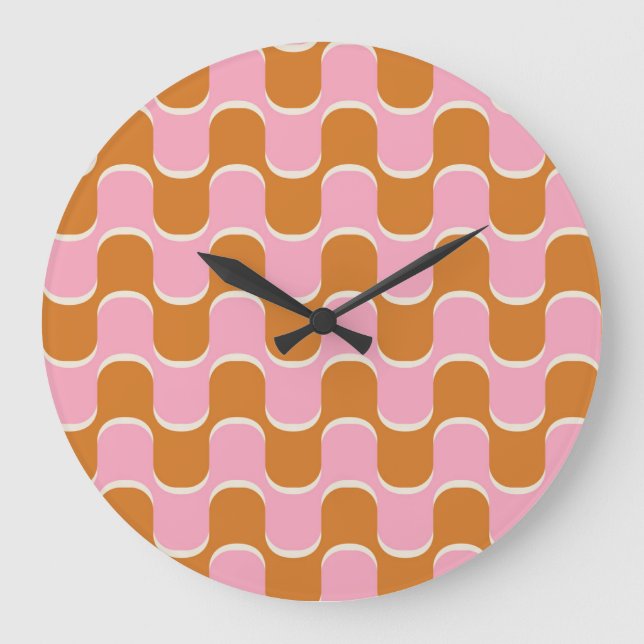 Retro 70s: Gold-Pink Wavy Pattern. Large Clock (Front)