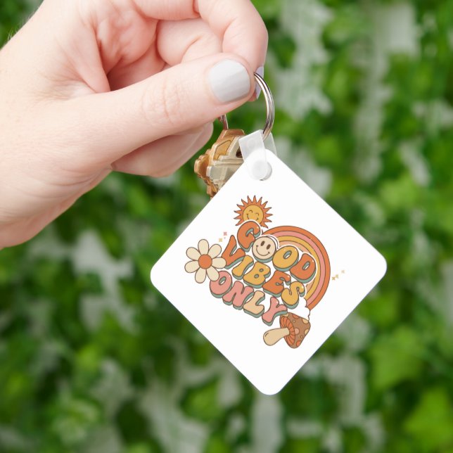  Retro 70s Good Vibes Only Groovy Smiley Face Rain Keychain (Hand)